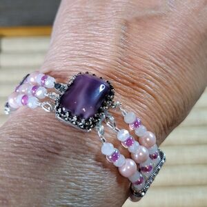 Handmade 3-Strand Pink, Purple, Silver & Crystal Beaded Bracelet 7.25" Long